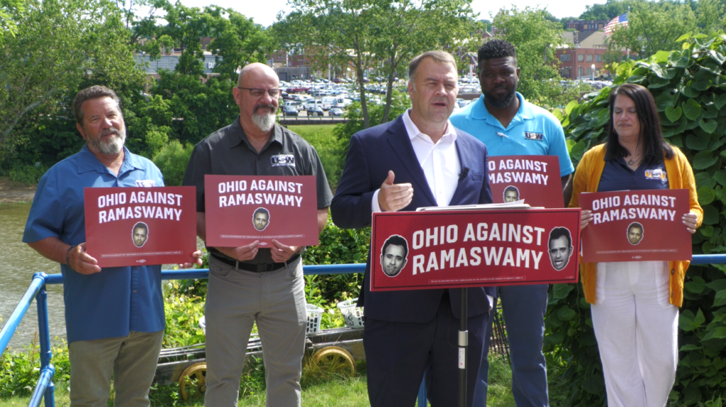 David Pepper, candidate for Lt. Governor, flanked by USW members. Pepper visited Muskingum County for a campaign stop