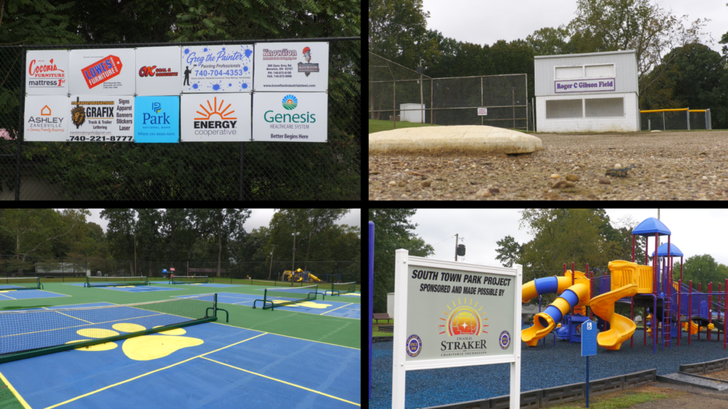 Signs showcasing financial supporters of the South Zanesville Village Park are pictured in the top left. The top right shows the softball field. The bottom left shows the new pickleball courts and the bottom right shows the playground at the South Zanesville Village Park. The park will be renamed Saturday with a dedication ceremony.